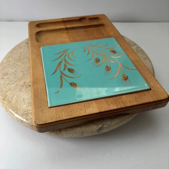 Vintage Mid Century Modern Wheat Design Serving Tray with Turquoise Tile - Picture 8 of 13